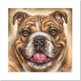 Painting of a White and Brown Bulldog Smiling on Beige Background Posters and Art